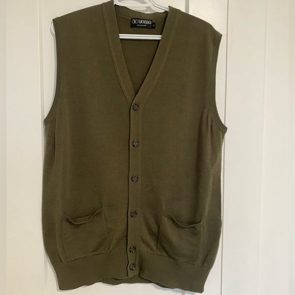 V Uomo Army Green Button Up Sleeveless Wool Blend Knit Vest Size Men's Large - Picture 1 of 6
